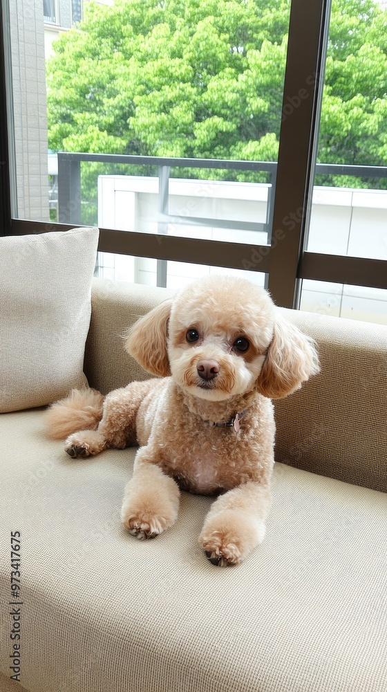 Wall mural a small, fluffy brown poodle enjoys a peaceful rest on the sofa, covered by a blanket, as sunlight f