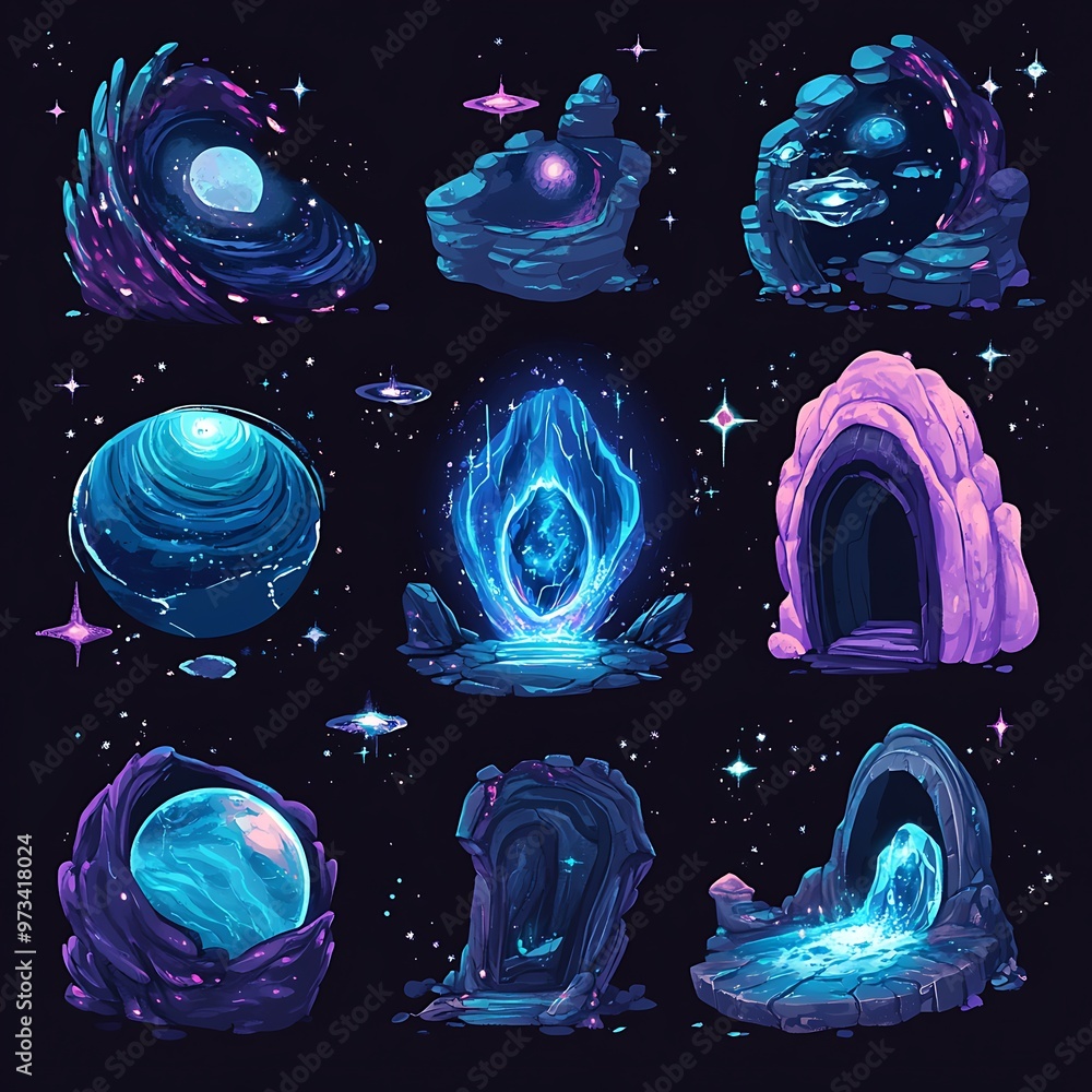 Poster set of 9 fantasy cosmic portal designs for game and mobile ui