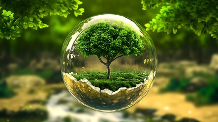 Small tree in glass bubble, surrounded by green nature, environmental concept