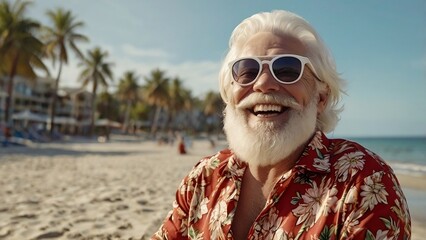 Old man with white hair and beard enjoying a summer vacation on the beach, perfect for 'Santa Claus on summer vacation' theme, relaxed holiday vibes with beach attire.