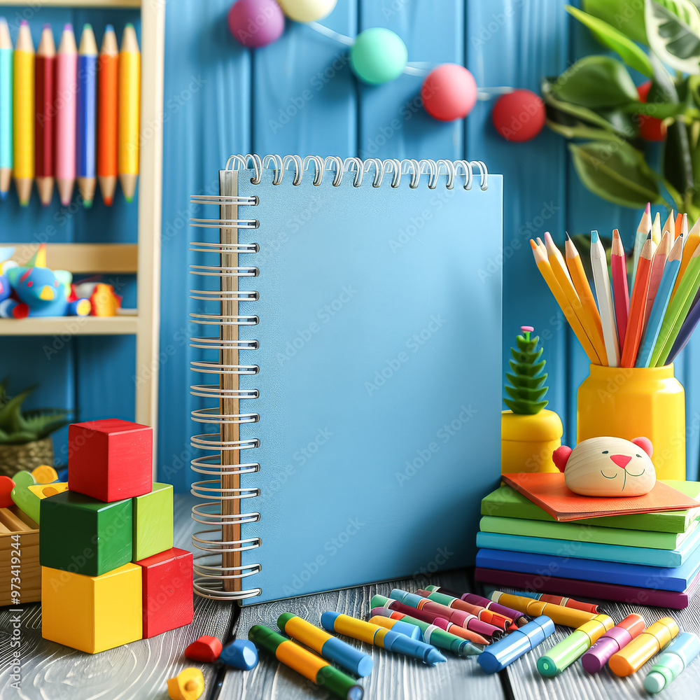 Poster a blue spiral notebook sits on a table next to a stack of colorful books