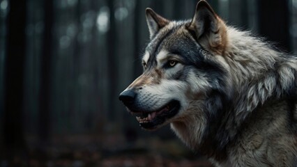 Stunning black and white alpha wolf standing strong in a dark, blurry forest. Perfect representation of leadership, strength, and power in nature.