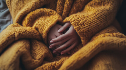 A cozy scene where a person is completely bundled in blankets, with only their hands peeking out. The setting suggests warmth and comfort, emphasizing the snug, wrapped-up feeling.