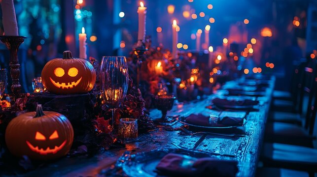 Halloween Table Setting with Lit Pumpkins and Candles