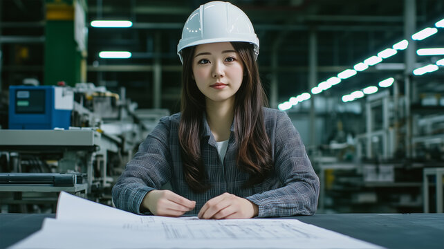 作業現場でヘルメット姿の女性作業員