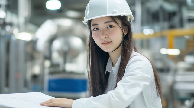 作業現場でヘルメット姿の女性作業員