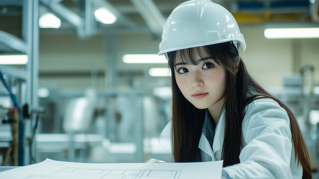 作業現場でヘルメット姿の女性作業員