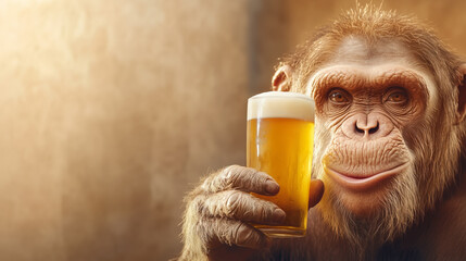 A monkey enjoying a cold beer in a warm pub atmosphere