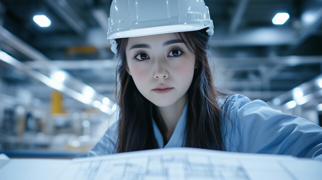 作業現場でヘルメット姿の女性作業員