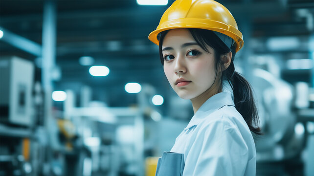 作業現場でヘルメット姿の女性作業員