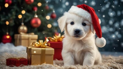 Adorable white puppy wearing a red Santa hat, celebrating Christmas, capturing the perfect Merry Christmas and Happy New Year moments, ideal for festive pet celebrations and holiday joy.