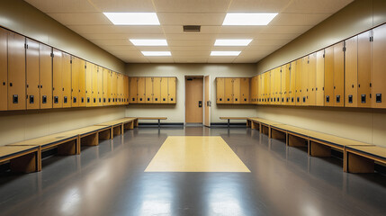Empty locker room with wooden benches and rows of lockers along both walls. The clean, symmetrical space is brightly lit and organized, evoking a sense of readiness and privacy