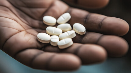 Close-up of hand holding white pills, symbolizing doping in sports. The image reflects controversy around drug use, performance enhancement, and health risks