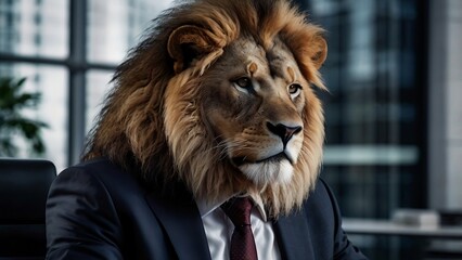 Strong lion in business attire, embodying leadership and power, ideal for themes of best leader and strong personality, with a blurry office backdrop. 