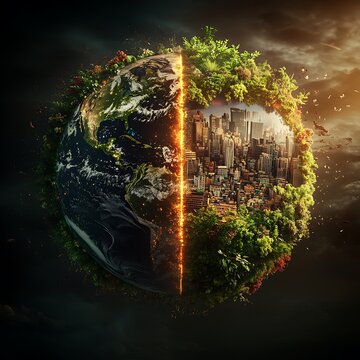 Abstract Earth Split in Two, Nature vs. City