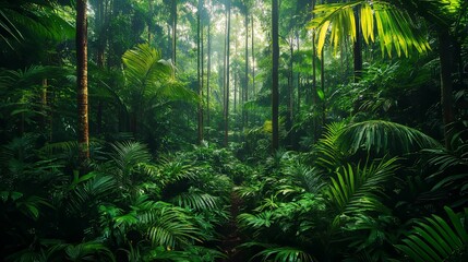 Fototapeta premium Lush Green Tropical Rainforest with Sunlight Filtering Through Canopy