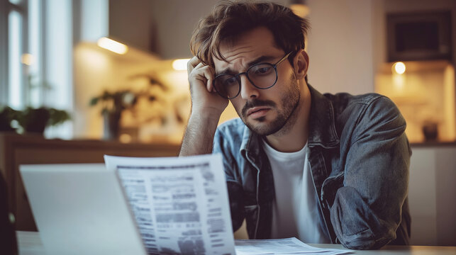 Man in glasses looking stressed while reviewing paperwork at home, sitting in front of a laptop with a worried expression in a cozy kitchen environment - Powered by Adobe