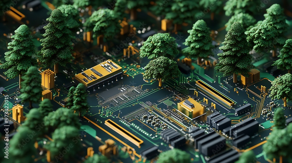 Poster abstract 3d rendering of a circuit board with trees growing out of it. nature and technology concept