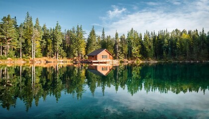 Serene Lakeside Cabin Reflected in Crystal Clear Waters, Surrounded by Pines
