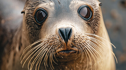 Close-up of a seal's face with large glossy eyes and prominent whiskers, showcasing detailed textures of its wet fur and nose
