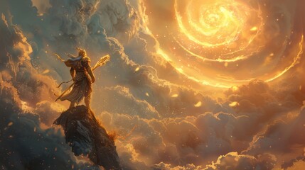 Sun Wukong, the Monkey King, standing triumphantly on the peak of a mountain