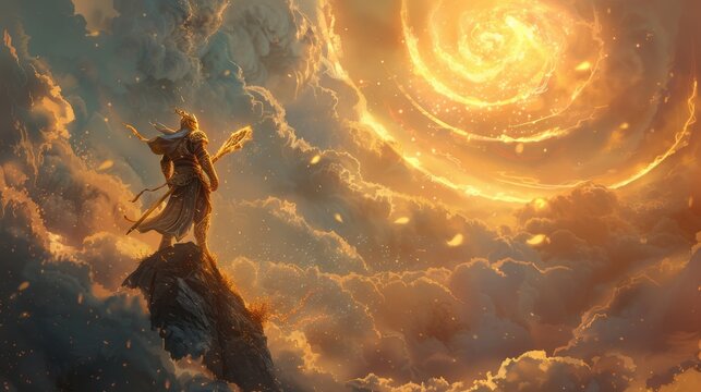 Sun Wukong, the Monkey King, standing triumphantly on the peak of a mountain