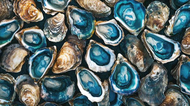 A close-up of blue-hued opened oysters with intricate patterns on their shells, showcasing their natural beauty and marine textures