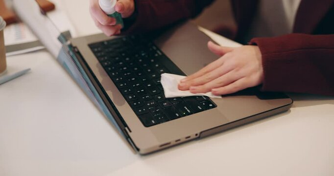 Hands, worker and spray sanitiser on laptop in office for keyboard hygiene, bacteria safety and cleaning alcohol. Person, digital and chemical product for maintenance, health service and virus risk