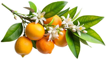 Neroli twig. Citrus aurantium with blossom and fruits branch, isolated on transparent white background, png element. Bitter orange tree with flowers for essential oil and extraction neroli oil