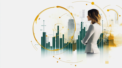 Abstract business woman stands on the peak of success amid tall, innovative Smart city and graphs with statistics to analyze business potential and predict future developments in company growth.