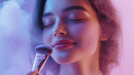 Fototapeta premium Close-up of woman with closed eyes and happy smile holding makeup brush, soft purple shades.