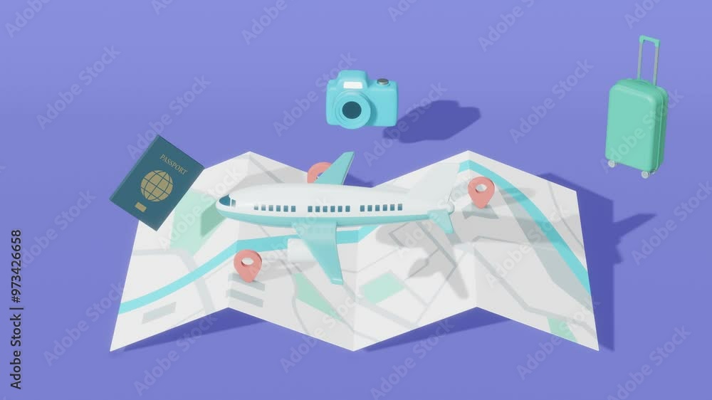 Poster airplane flies over map. minimal modern seamless motion design. abstract loop animation
