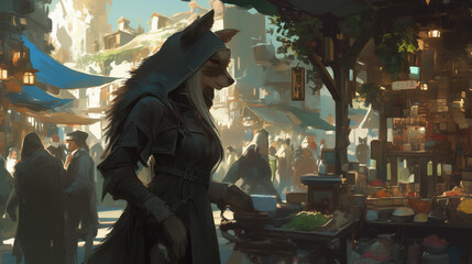Naklejka premium female wolf beastfolk rogue walking quietly through a busy marketplace in the shadows of a bustling medieval city