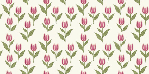seamless minimalistic embroidery pattern of tulip flowers, each with three pink petals and a few leaves, on a plain ivory background