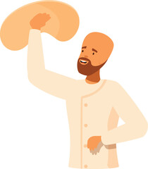 Professional baker is tossing pizza dough into the air, showcasing his expertise in the kitchen