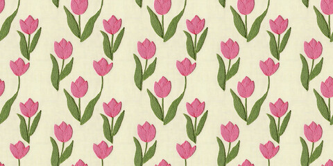 seamless minimalistic embroidery pattern of tulips, each with three pink petals and a few leaves, on a plain light yellow fabric