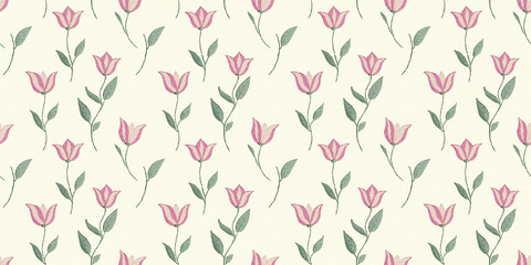 seamless minimalistic embroidery pattern of tulips, each with three pink petals and a few leaves, on a plain light yellow fabric