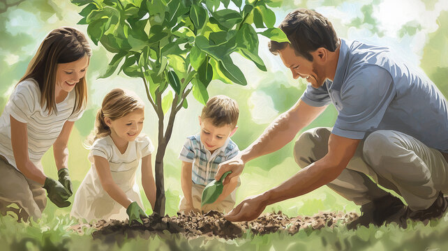 Arbor day planting family planting a tree together on Arbor Day