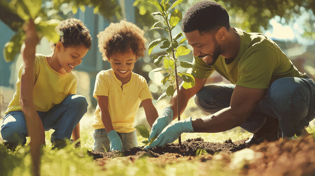 Arbor day planting family planting a tree together on Arbor Day