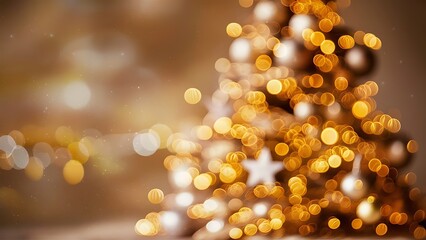 Gold Festive Christmas background. Elegant abstract background with bokeh defocused lights and stars