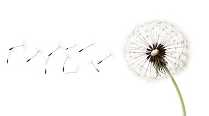 A stylized dandelion with sharp details of the seeds blowing in the wind, drawn in vector format on a clean white background