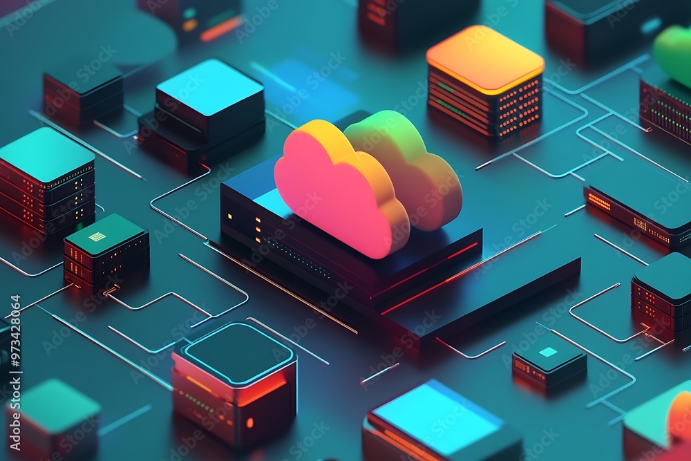 Poster cloud computing concept, server network with data storage and connections