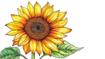 Fototapeta premium A vector drawing of a sunflower with bold outlines and detailed seeds, rendered in sharp focus on a white background