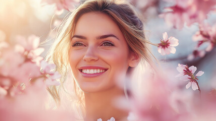 Spring blossoms woman surrounded by cherry blossoms in full bloom
