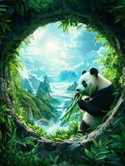 Obraz premium Panda Eating Bamboo with a Mountain View Through a Hole in the Rock