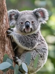 Obraz premium A Curious Koala Looking Directly at the Camera While Climbing a Tree