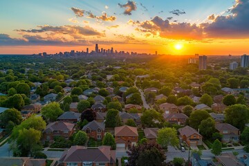 Naklejka premium Aerial view of Chicago\'s residential area at sunset with skyline in the background