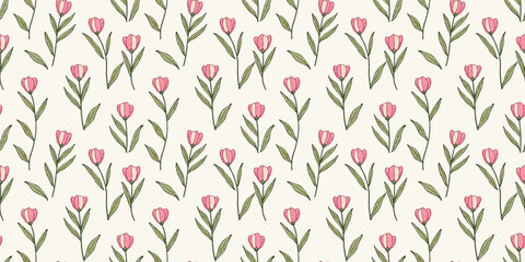 seamless minimalistic embroidery pattern of tulip flowers, each with three pink petals and a few leaves, on a plain ivory background