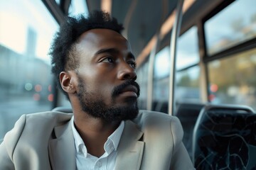 A thoughtful black man riding a city bus during his journey through downtown in the afternoon light