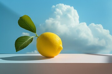 A yellow lemon rests on a white surface beneath a bright blue sky adorned with fluffy clouds